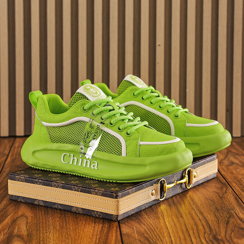 杜莎米娅夏季男鞋时尚透气网面鞋户外跑步运动鞋低帮增高厚底情侣休闲鞋 抹茶绿 4.5cm增高 44
