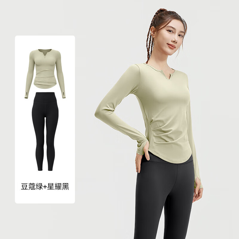 VICTORIATOURIST运动套装女裸感瑜伽服高腰提臀健身跑步运动骑行服V领上衣 豆蔻绿+星耀黑(基础版) XXL