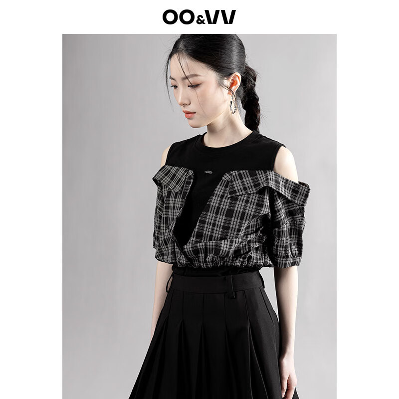 OO&VV设计感假两件格子短袖衬衫女2025夏季女装露肩显瘦小众上衣 黑色 L