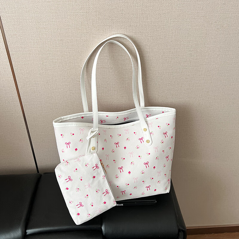 （0.01）新款夏冬印花大容量通勤气质托特包时尚百搭感单肩包包女 白色