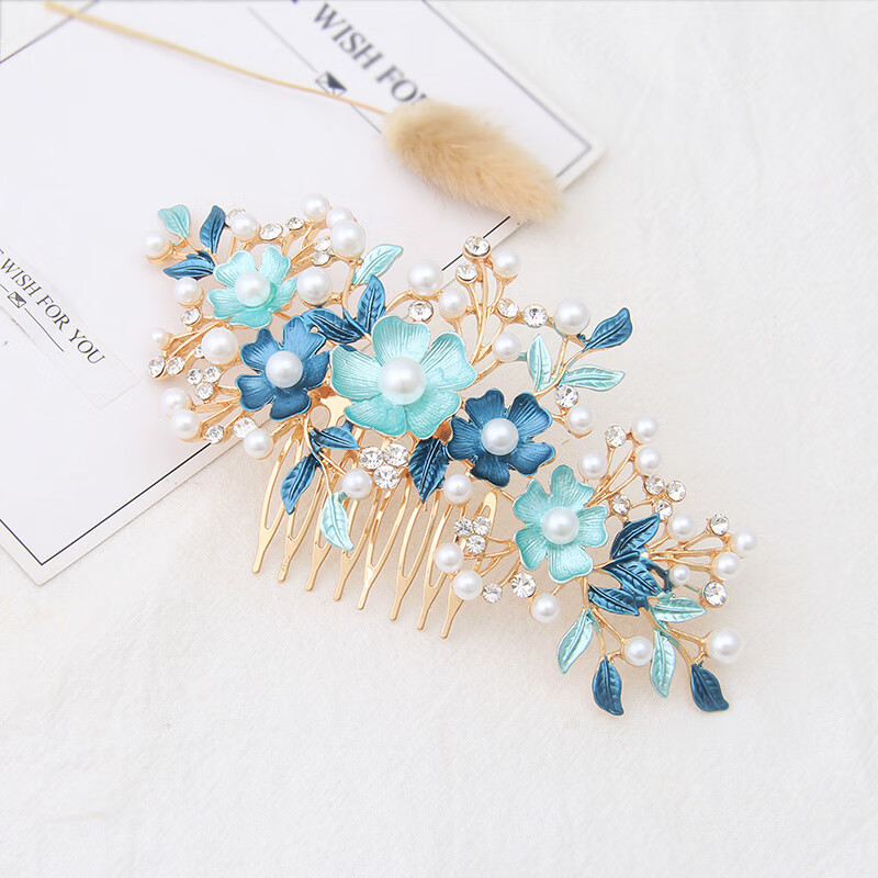 婚礼烤漆花卉发梳玫瑰花朵合金女士发饰新娘盘发插梳 FS20921蓝