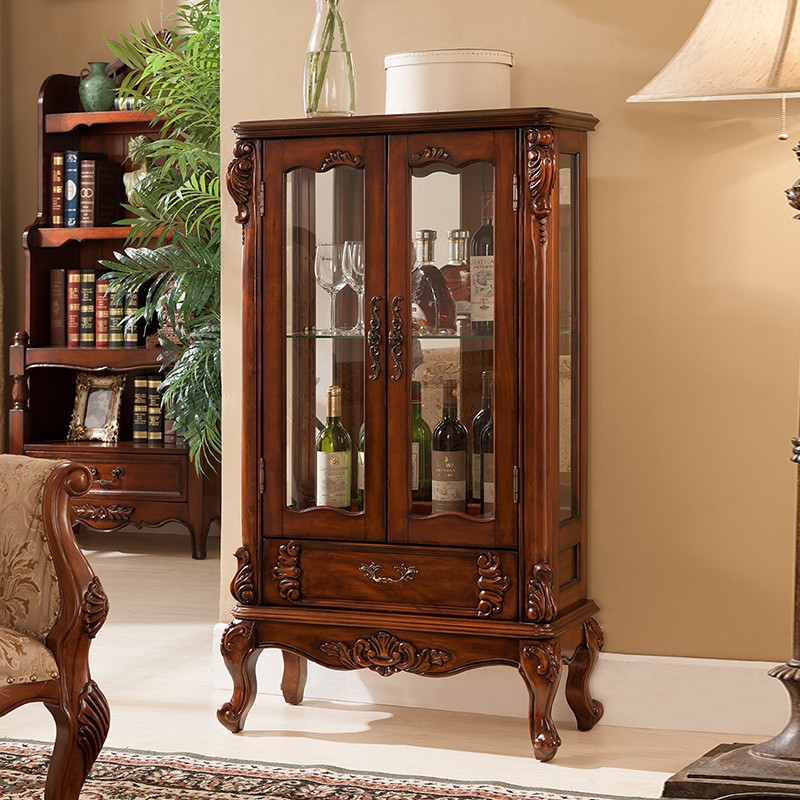 欧伦美 实木酒柜收纳柜美式厨房柜子储物柜客厅双门玻璃欧式小