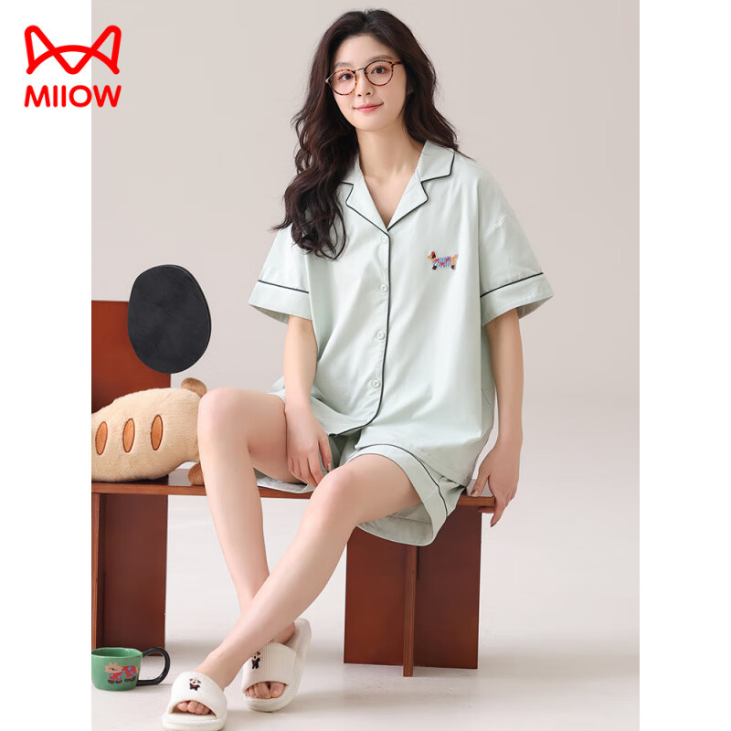 猫人（MiiOW）睡衣女纯棉夏季短袖短裤薄款简约大码夏款女士家居服套装 A-806女 M