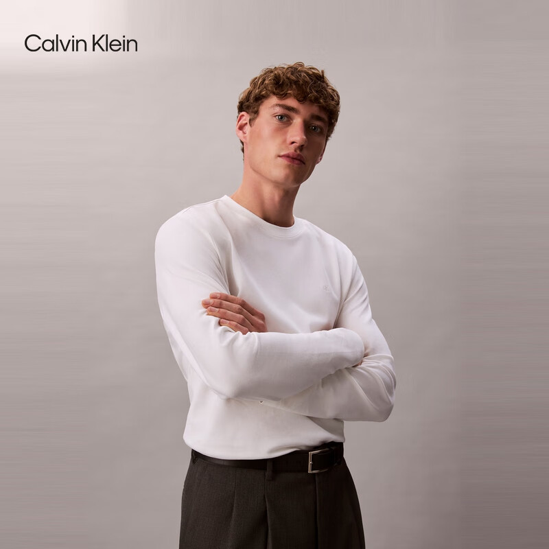 Calvin KleinJeans25秋季新款男士休闲通勤ck刺绣纯棉圆领打底衫长袖上衣T恤 YAF-牛乳白 2XL