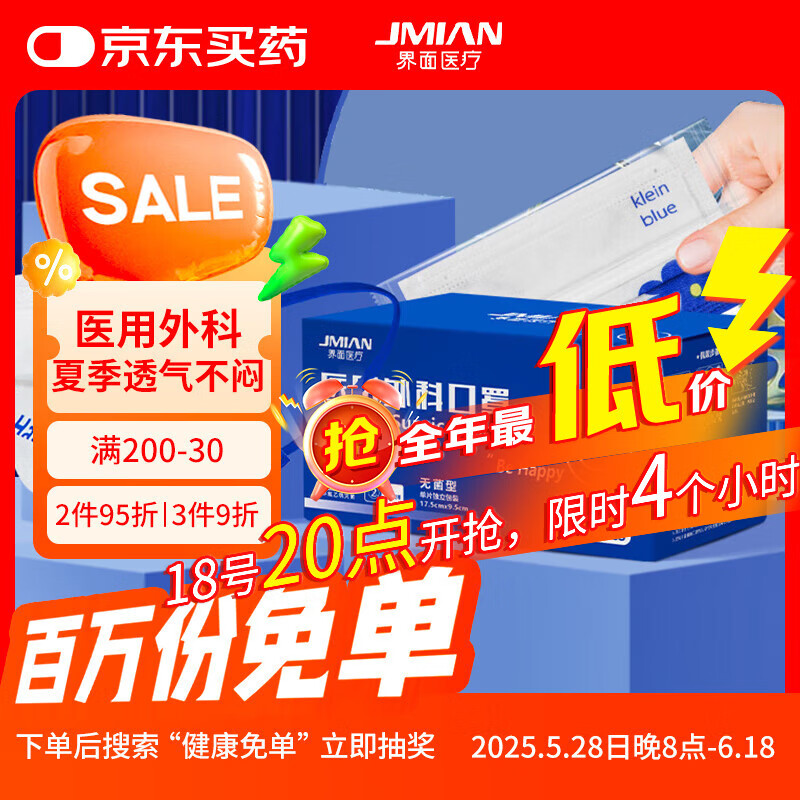 界面醫(yī)用外科口罩成人防護(hù)滅菌級(jí)三層透氣50只獨(dú)立包裝克萊因笑臉圖案
