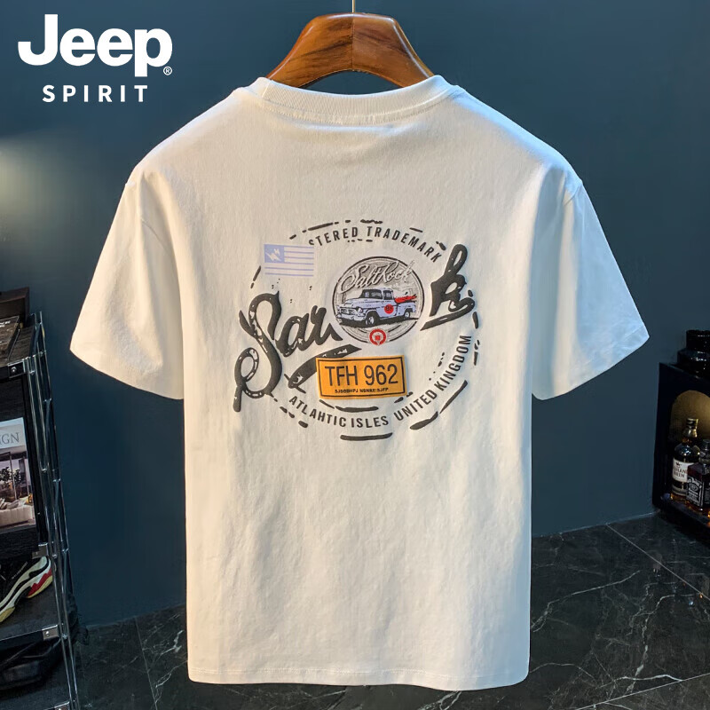 JEEP SPIRIT白色t恤男夏季新款高端潮流男士印花美式轻奢新疆棉舒适短袖T恤衫 白色 XL 适合124-140斤穿