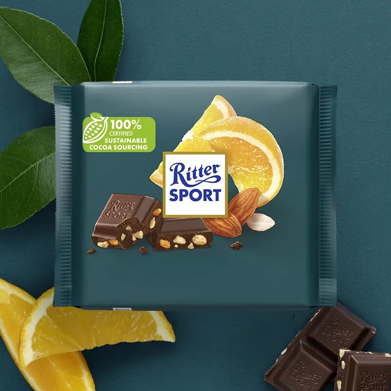瑞特滋（RITTER SPORT）碎扁桃仁香橙黑巧克力100g 休闲零食糖果节日礼物送男女友