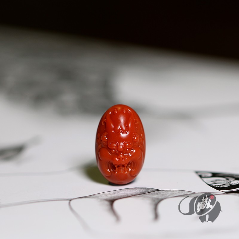 甄祥 收藏级原矿南红玛瑙瓦西料纯色无纹雕刻件戒面兽面苏工沈杭俊