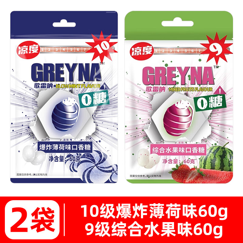 歌雷吶強勁十級薄荷糖10級倍清涼口香糖爆炸無(wú)糖提醒神糖果 【2袋】10級爆炸薄荷味60g+9級綜