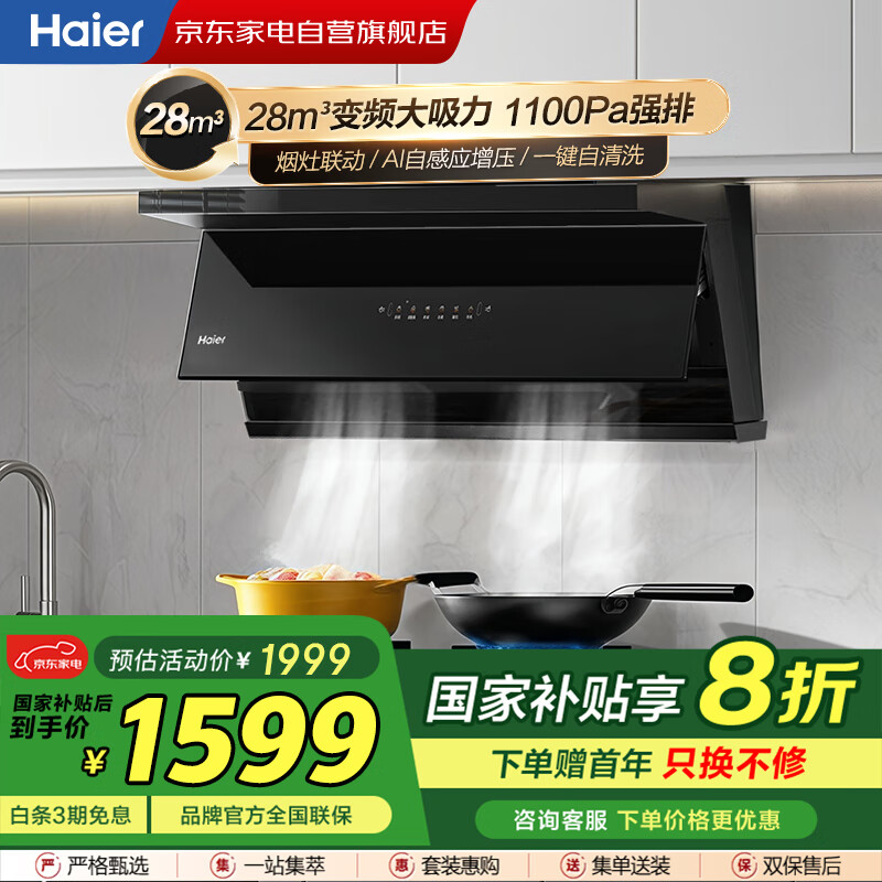 海尔（Haier）抽油烟机【国补】家用厨房 28立方变频巡航大吸力1100PA大风压挥手智控自清洁烟灶联动EC965UD