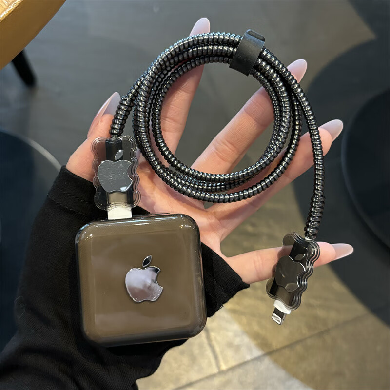 MPPMCK充电器保护套防断头简约苹果35w双口充电器保护套适用iPhone16pro快充线15软壳 35w双孔常规透黑壳【简约标志】电镀黑4件套