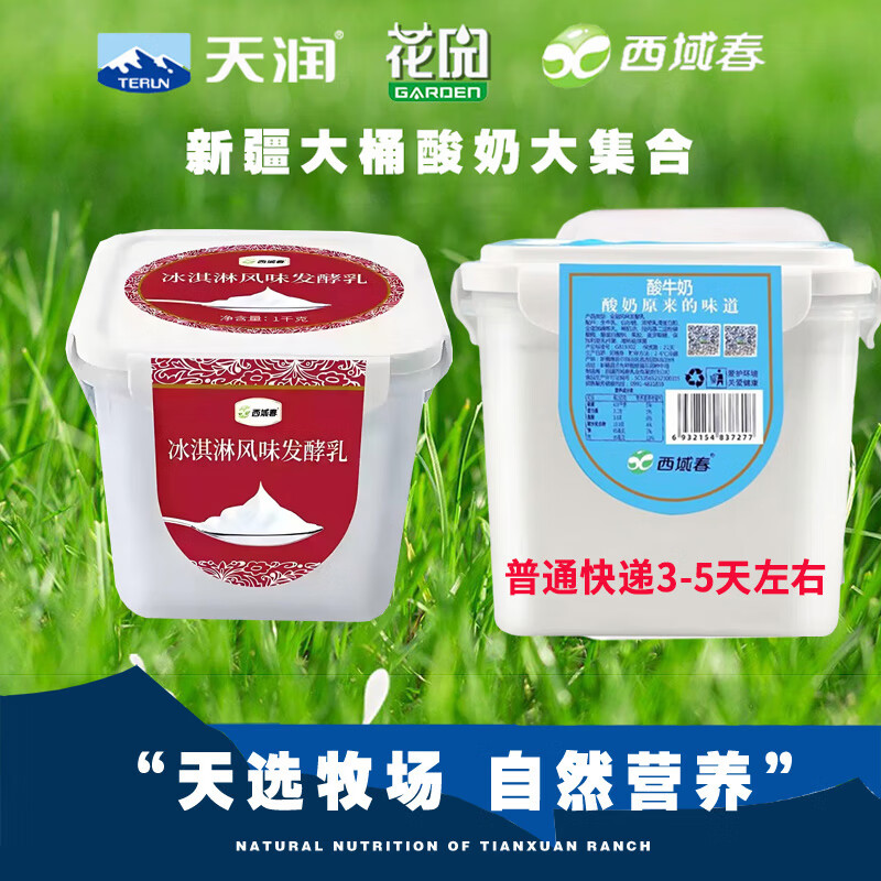 西域春酸奶大方桶新疆老酸奶低温全脂风味水果捞酸奶益生菌生牛乳发酵乳 冰淇淋+原味各2斤 普通快递3-5天