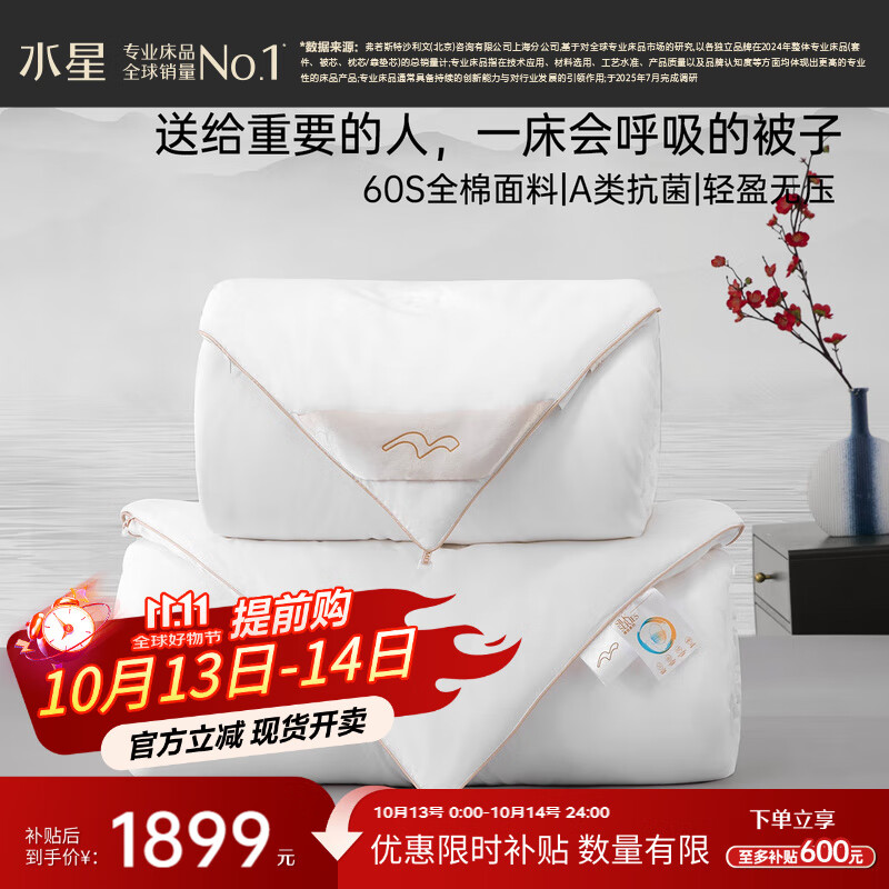 水星家纺蚕丝被100%桑蚕丝冬被子冬季子母被二合一被芯约10.6斤220×240cm