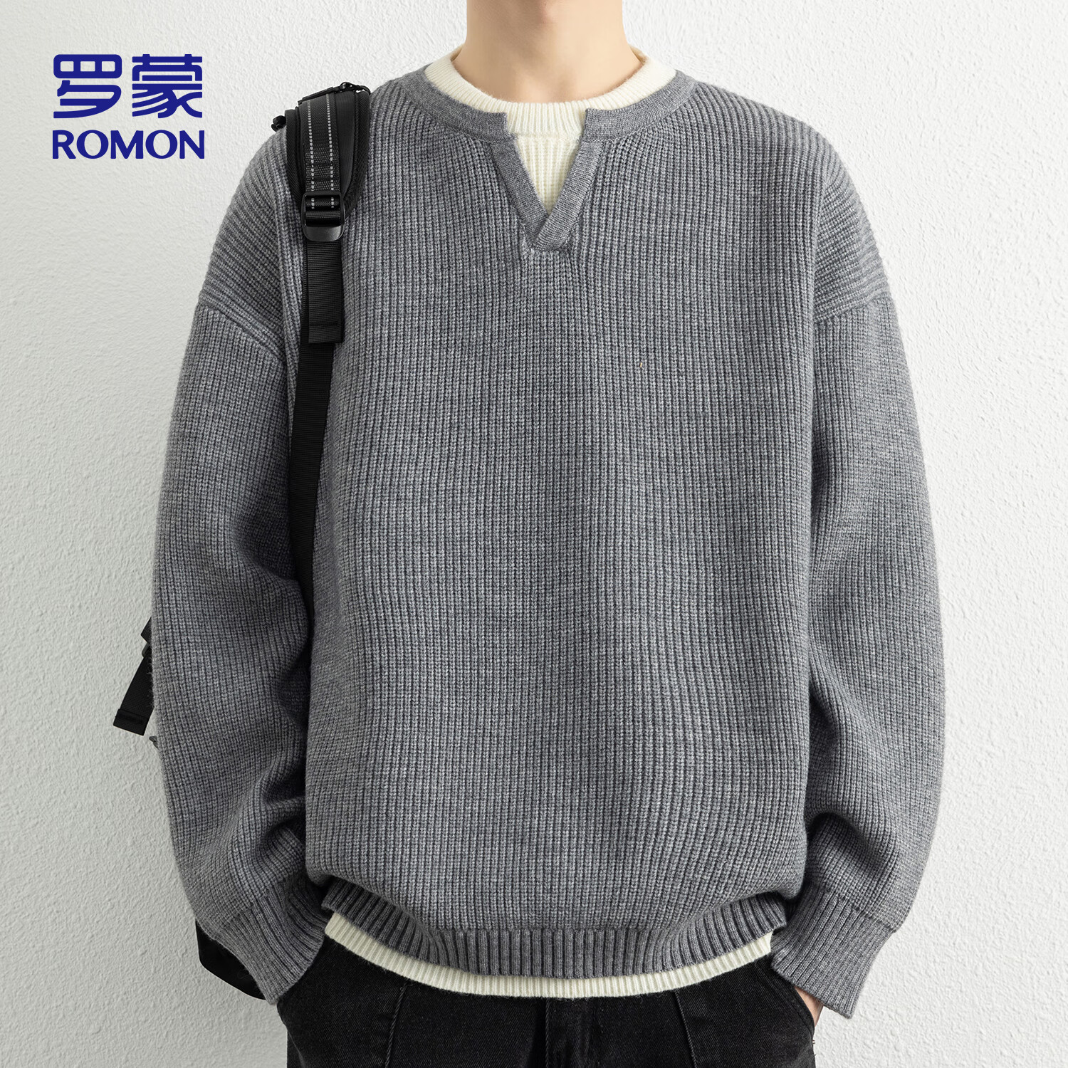 罗蒙（ROMON）针织衫男士秋季加厚圆领假两件休闲百搭毛衣男装ZH6012灰色XL