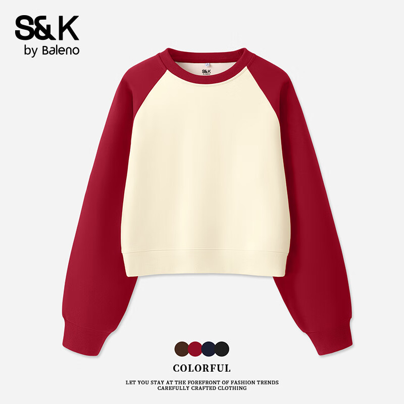 班尼路S&amp;K系列套头卫衣女装秋冬季新款圆领长袖休闲简约时尚运动上衣服 车厘子红#纯色 【柔软亲肤】 M