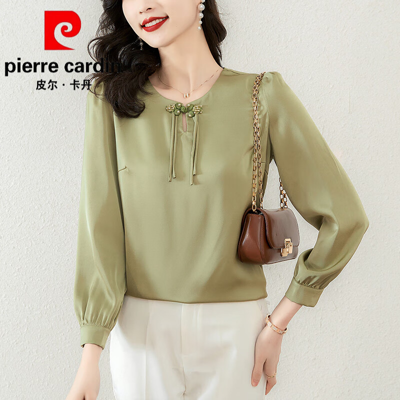 皮尔卡丹(pierre cardin)高端品牌中式盘扣上衣女2025秋季新款妈妈真丝衬衫气质感宽松长袖 皮尔卡丹 绿色 XL