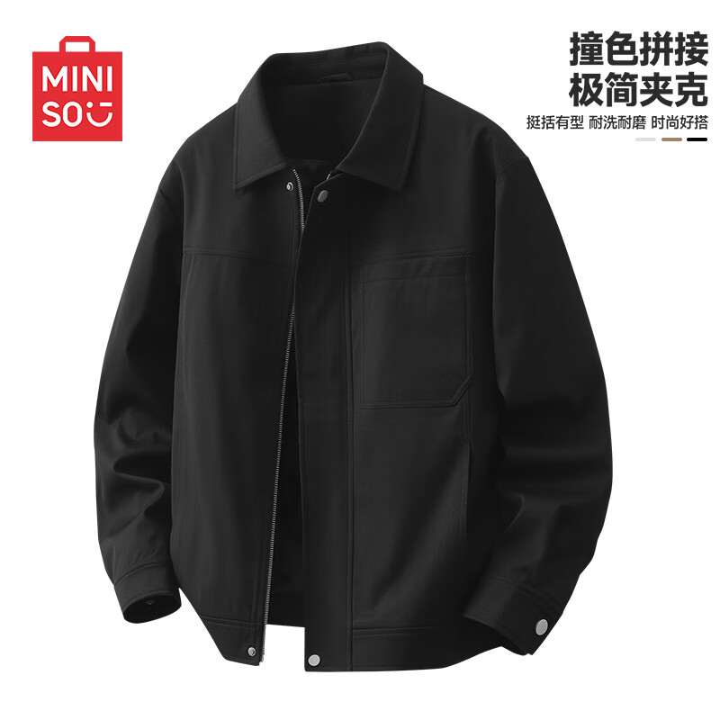 名创优品（MINISO）美式飞行夹克男士秋冬新款潮牌宽松休闲工装棉服外套男大码派克服 【斜纹拼色夹克】黑色 -秋款 XL /180(体重140-160斤)