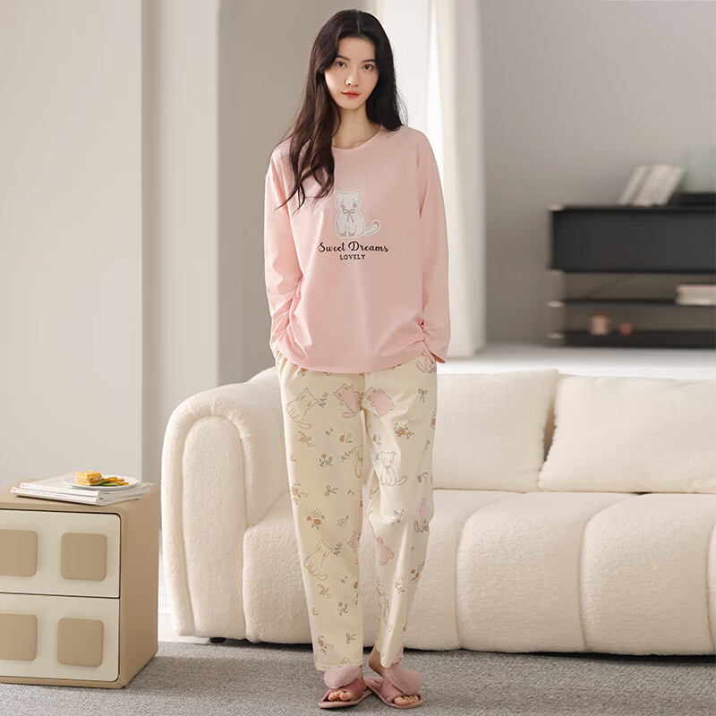 馨爱百年睡衣女春秋长袖纯棉韩版休闲宽松全棉女士套头家居服可外穿套装 QH5521 2XL