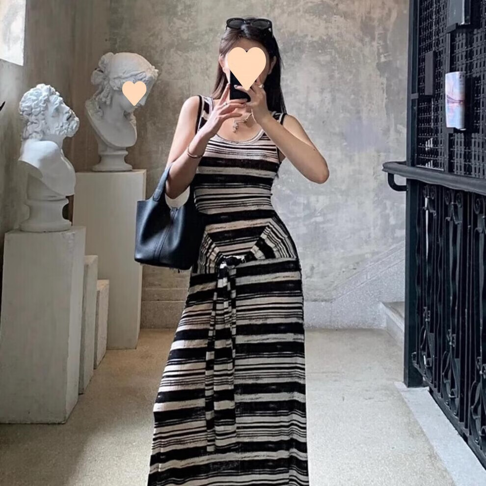 微光里松弛美式假两件条纹绑带背心裙黑白撞色长款连衣裙女夏2025新款 假两件条纹背心裙【M】