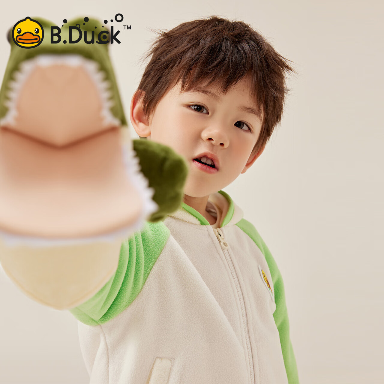 B.Duck小黄鸭童装儿童连帽外套保暖摇粒绒春秋男宝宝开衫 浅卡其 130 cm
