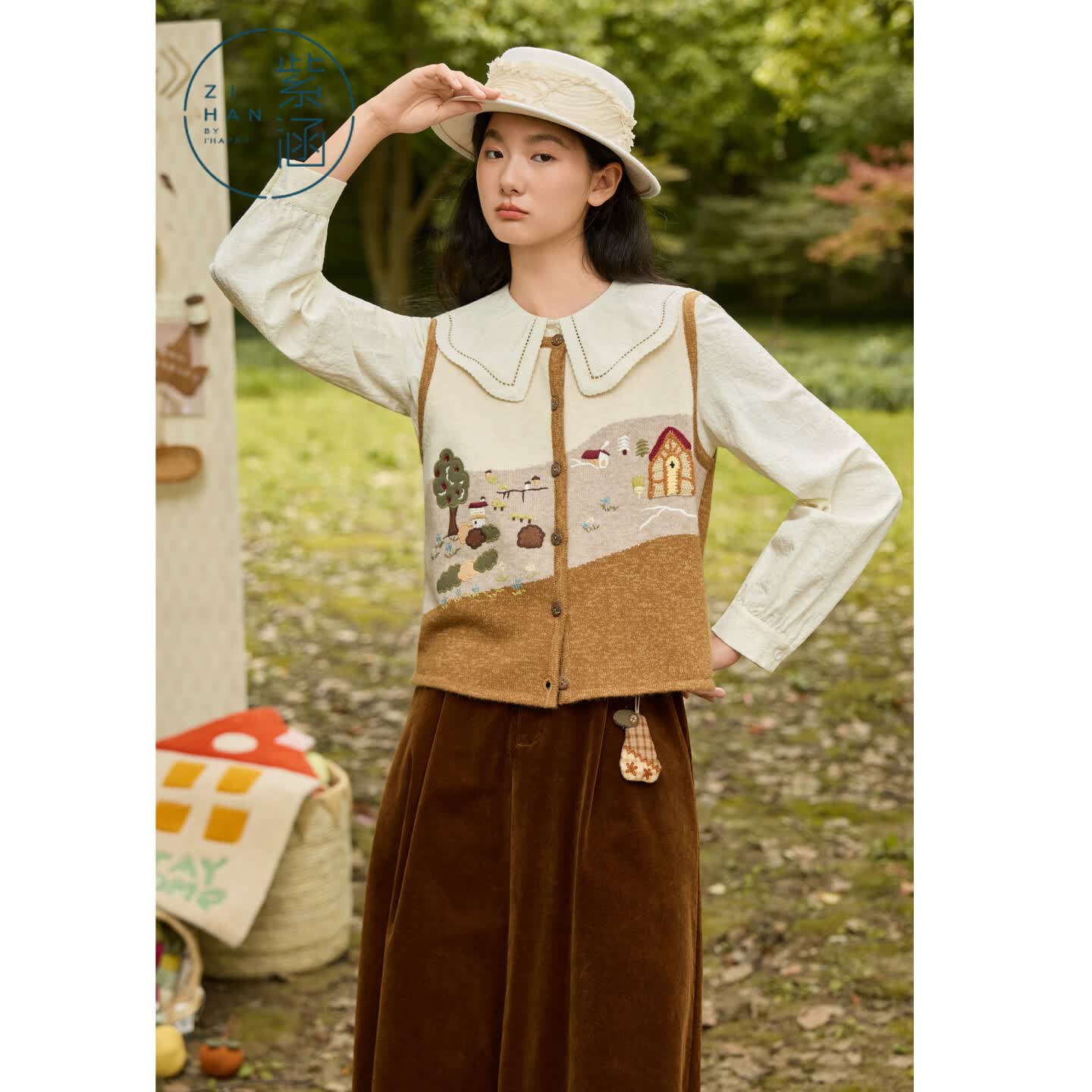 紫涵（ZIHAN）紫涵圆领无袖针织马甲背心女秋季新款田园风手工刺绣叠穿马夹 落日橘 S