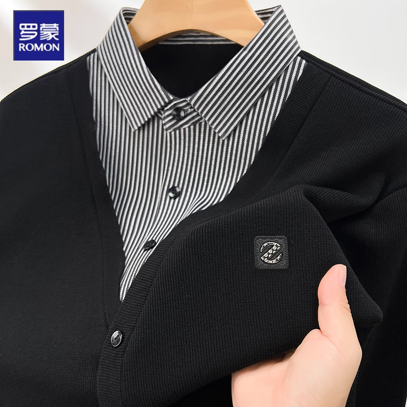 罗蒙假两件针织衫男衬衫领春秋季2025新款中年爸爸秋装套头上衣