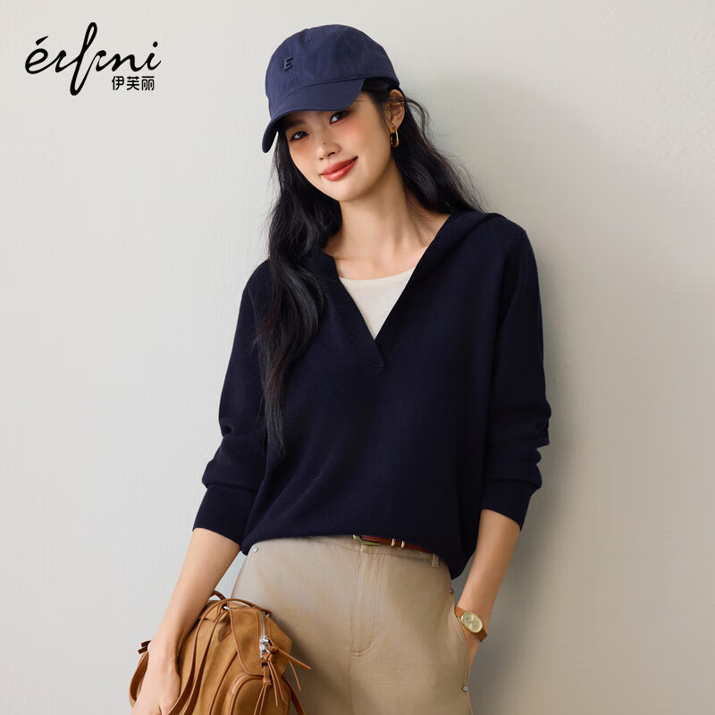 伊芙丽（eifini）朱珠代言穿搭假两件拼接羊毛混纺带帽套头衫2025年秋季新品女 藏青 M