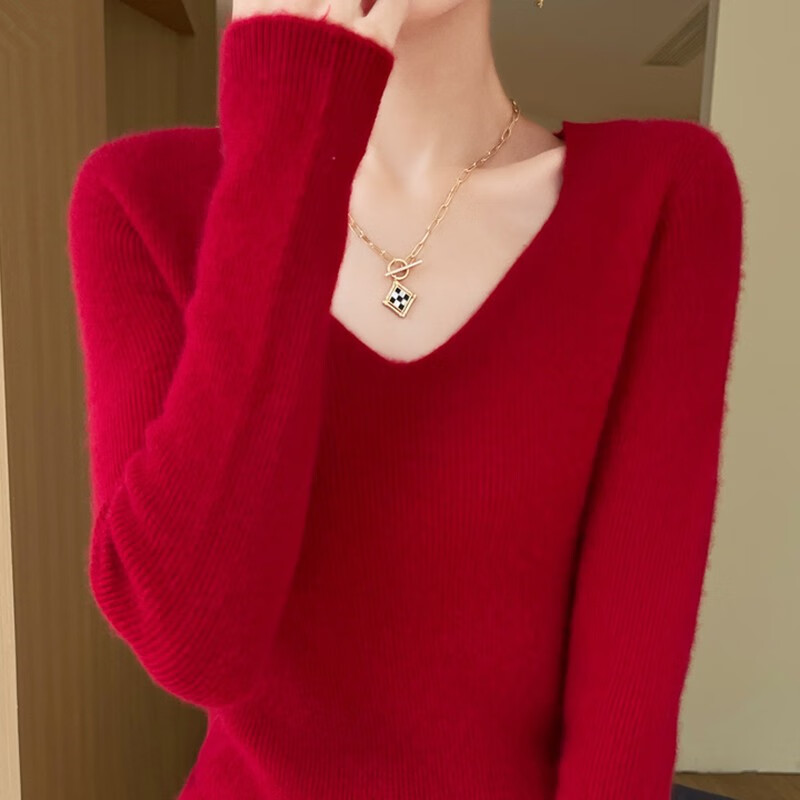 香影纯女装新款2025纯色V领针织衫女秋冬修身修身毛衣女百搭针织打底衫 米色 S (建议95斤以内)