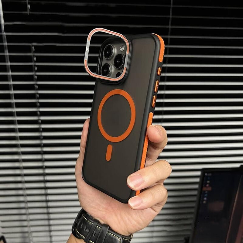 韻寧 Magsafe磁吸無線充電適用蘋果15promax鏡頭隱形支架蘋果14pro磨砂手機殼14pm雙色防滑12外殼 鏡頭支架【橙色-磁吸款】雙色訊彩磨砂膚感殼 iPhone15Plus