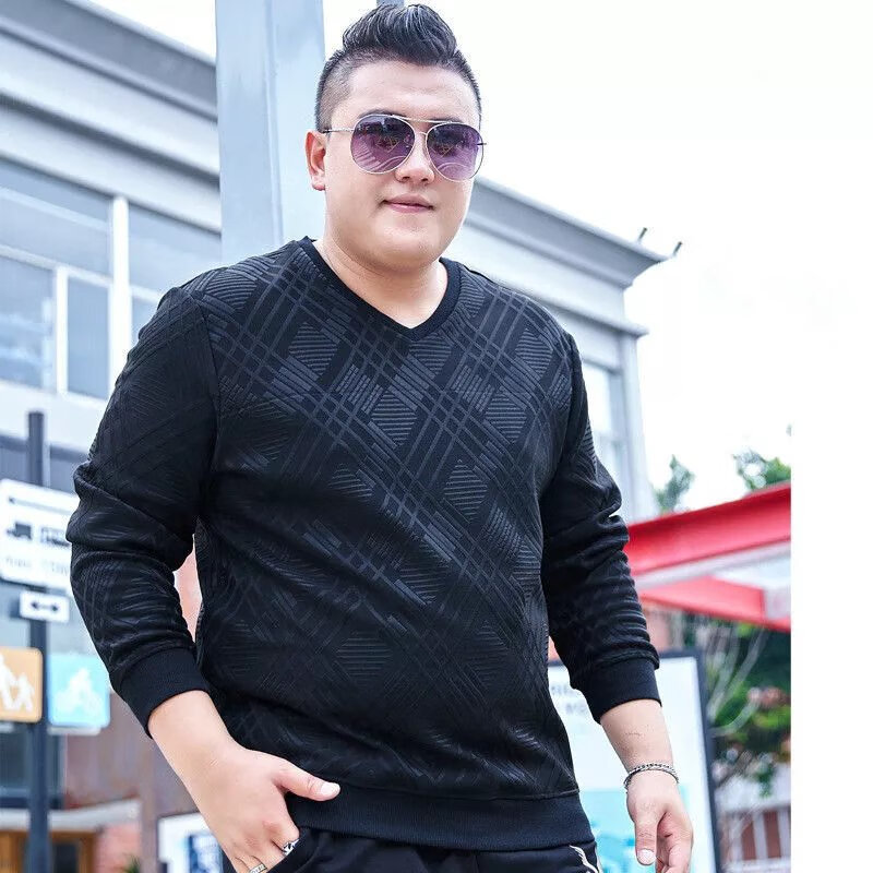 码长袖v领卫衣胖子加绒加厚胖子体恤xl 花纹加厚卫衣 2xl (140-180斤)