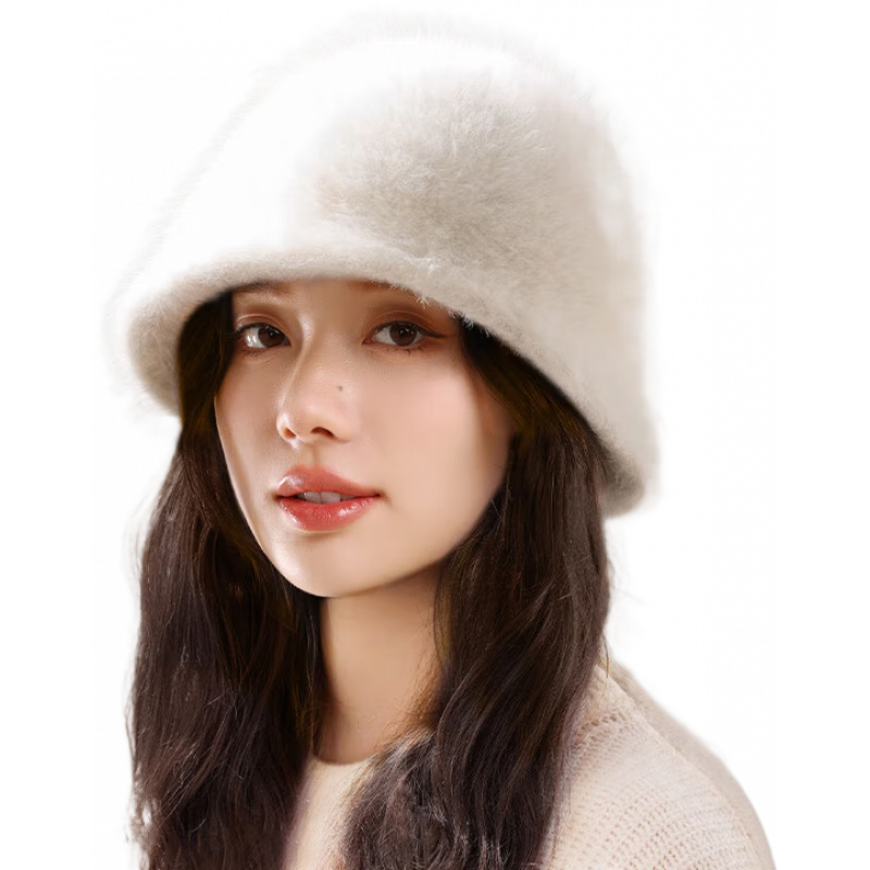CACUSS毛絨帽子女秋冬季漁夫帽加絨兔毛帽加厚保暖時(shí)尚百搭顯臉小 米白色 M(57-59cm)