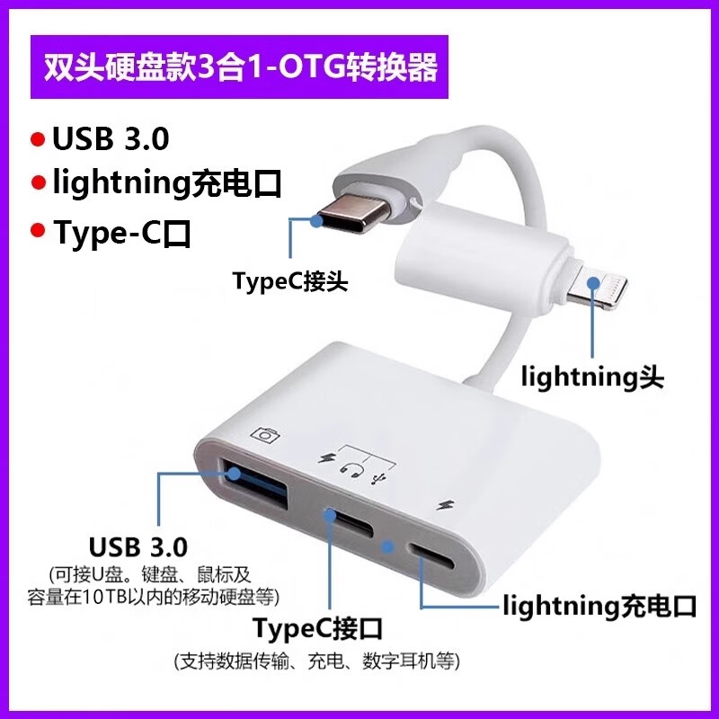 拓思曼移动硬盘转换器适用iphone16苹果15promax/14/13手机otg转接头