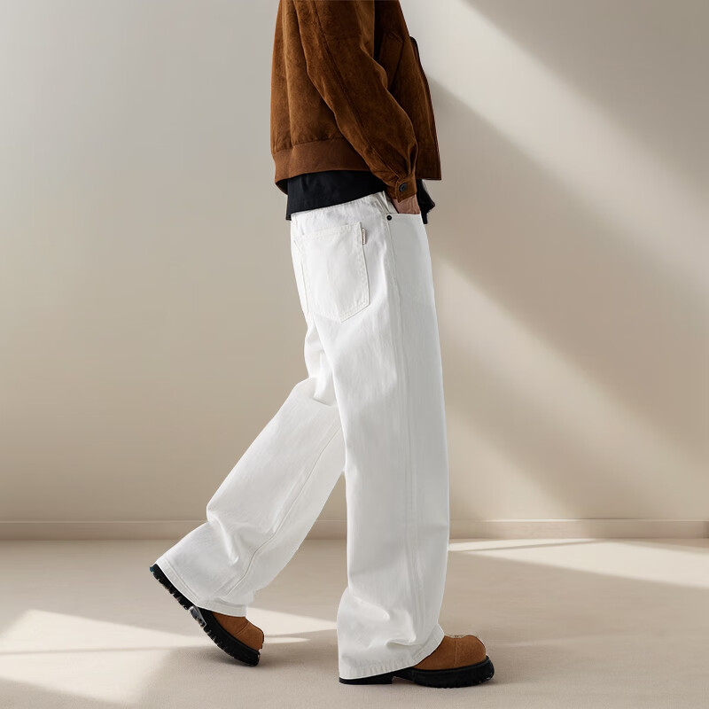 白色牛仔裤男高级感直筒阔腿裤弯刀美式休闲风宽松型秋冬青年裤子 白色 8202-1 32 建议156-165斤