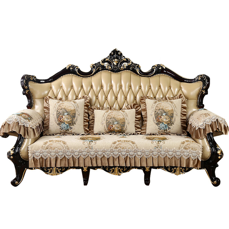 索菲娜 真皮沙发垫坐垫防滑皮沙发专用垫欧式沙发套保护罩 yz镜花-米色# 坐垫宽(70+裙摆20)*长180cm一片