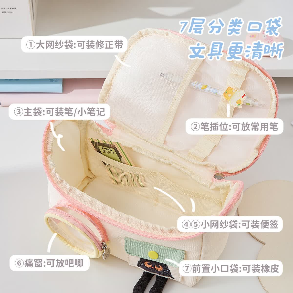 三年二班猫包笔袋大容量高颜值可爱风文具盒新款铅笔盒中小学生女生笔盒文具袋小众不撞款痛包超火文具收纳 【7层分类收纳】粉白（赠送5支中性笔）