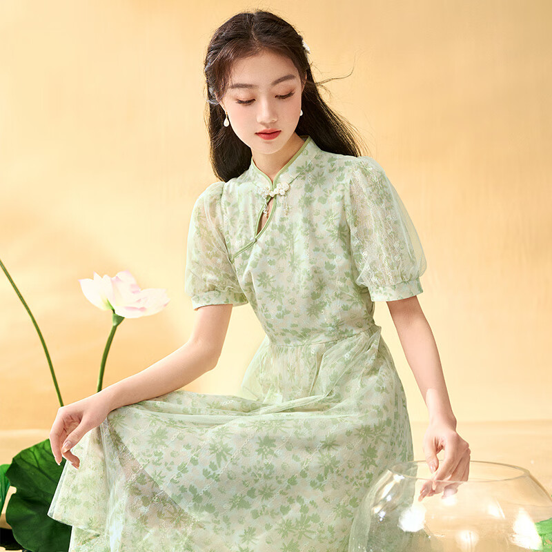 香影（xiangying）改良旗袍女2025夏裝新款碎花裙子國(guó)風(fēng)少女年輕款新中式連衣裙 果綠 S