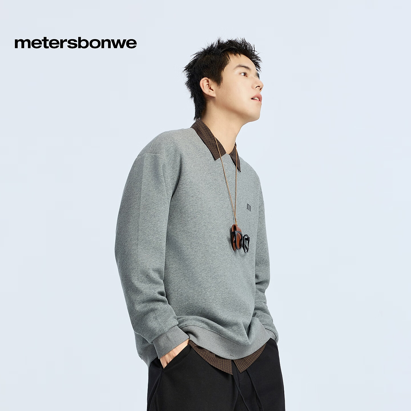 美特斯邦威男女同款春新款圆领字母印花潮流高街美式卫衣男 花灰色 M 170/92A