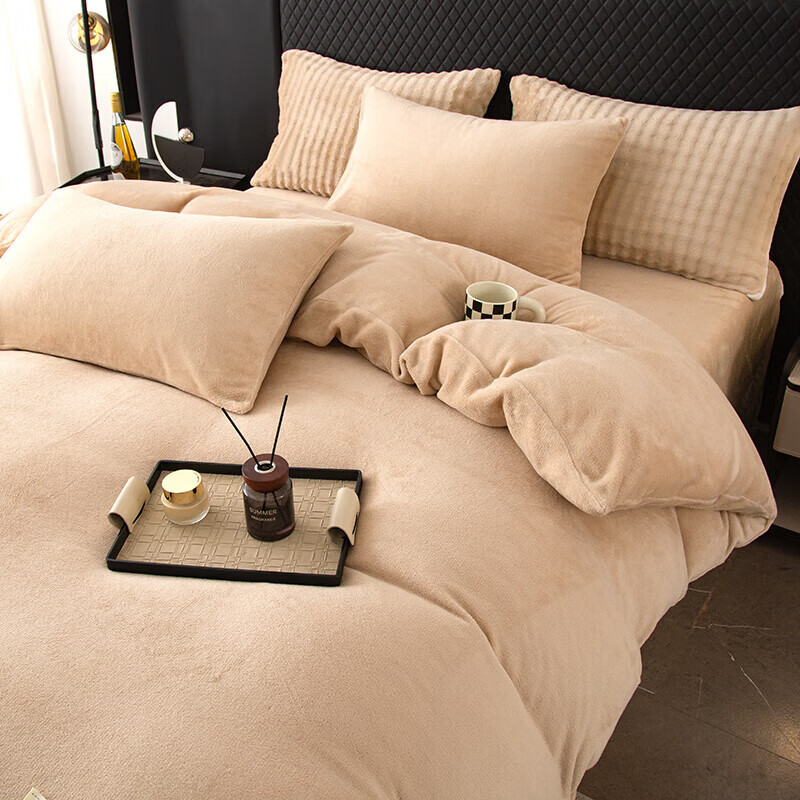 软贝简约轻奢牛奶绒床上四件套保暖毛绒床单被套学生宿舍秋冬款三件套 卡其 2.0m 床单款 (被套200*230cm) 四件
