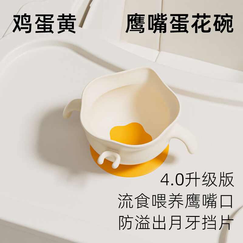PUTOT宝宝辅食碗硅胶鹰嘴蛋花碗婴儿专用学吃饭防摔防烫吸盘碗儿童餐盘 黄色【新升级-自主进食宝宝饭碗】