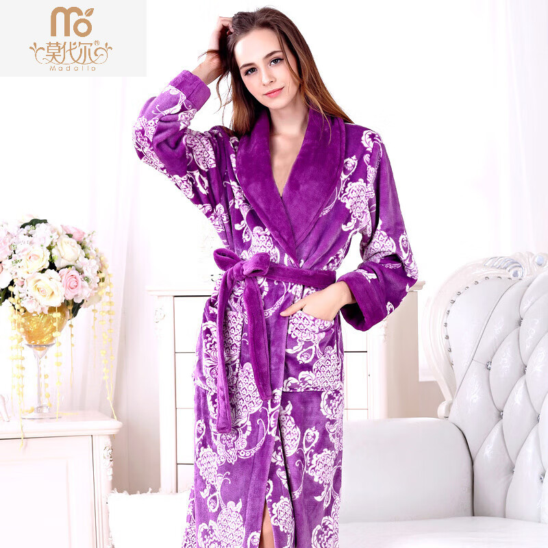 睡袍男女睡衣情侣浴袍长版秋冬季龙袍加厚珊瑚绒浴衣家居服 紫色