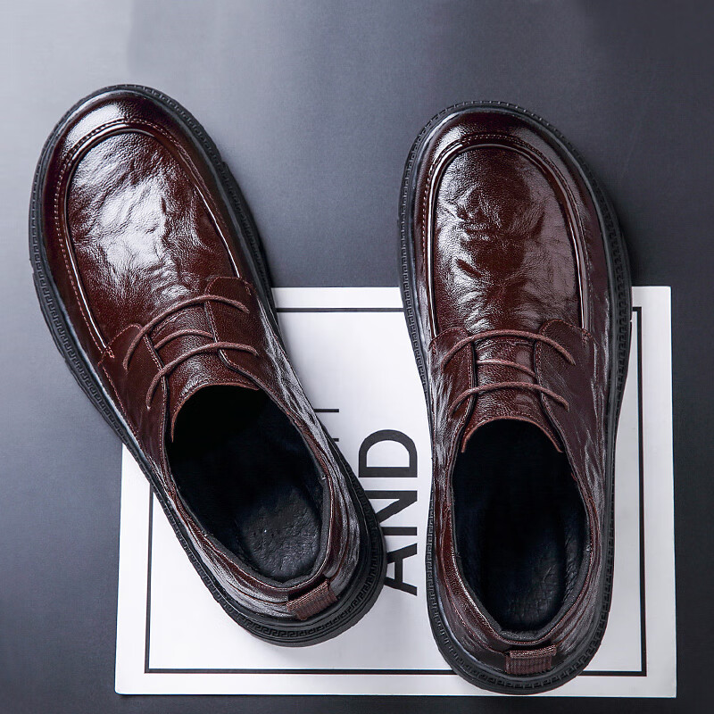 Walker Shop男士高端皮鞋男软羊皮大头商务通勤皮鞋新款厚底增高一脚蹬乐福鞋 黑色系带款 【品牌男鞋 礼盒包装】 40