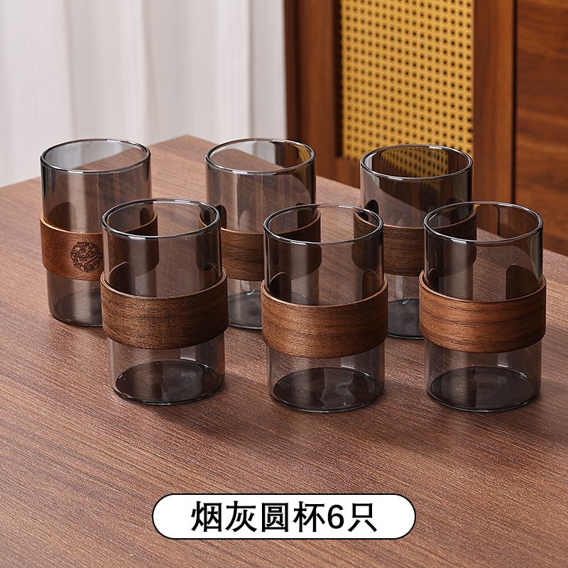 简漾玻璃杯耐高温中式家用喝水杯轻奢茶具水具套装客厅待客防爆冷水壶 烟灰圆杯6只