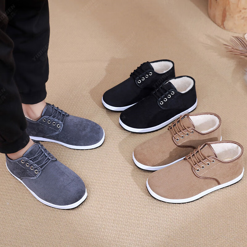 意迪森老北京棉鞋男款冬季高帮棉鞋中老年一脚蹬加绒加厚舒适保暖爸爸鞋 卡其色【加厚绵羊毛内里】 加绒 【鞋内送绵羊毛鞋垫】 44 (270mm) 正码正拍