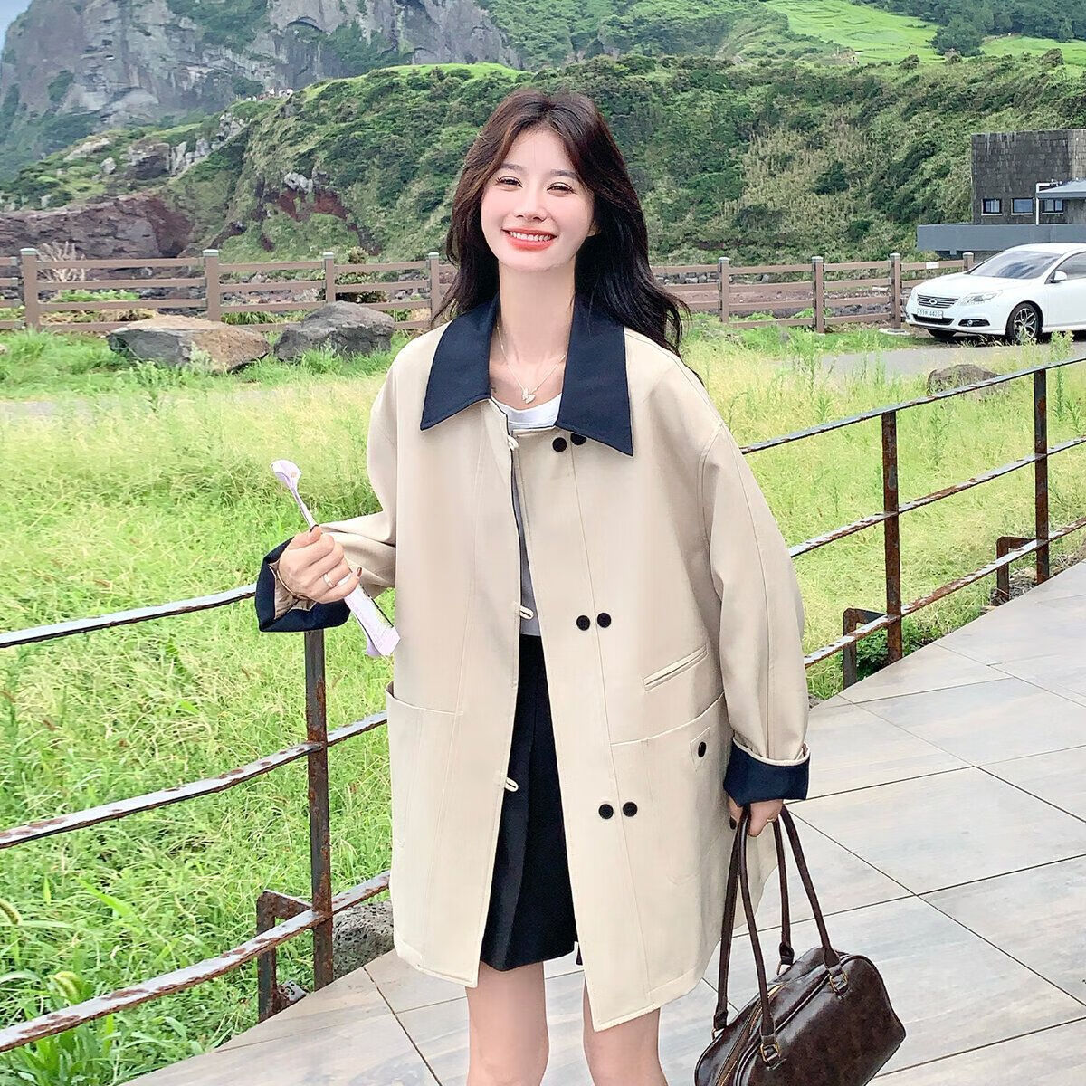 frlmk撞色拼接卡其色风衣女春秋韩系宽松百搭巨好看小个子短外套 浅