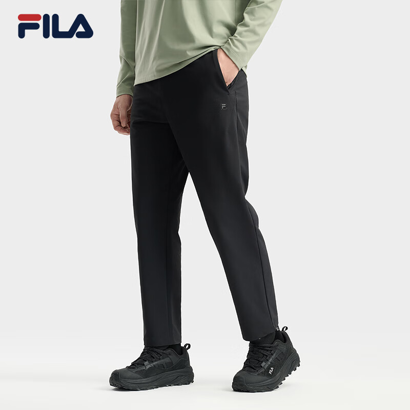 FILA 斐乐官方男士梭织长裤2025冬季时尚简约舒适休闲直筒裤 正黑色-BK XL 180/88A/XL