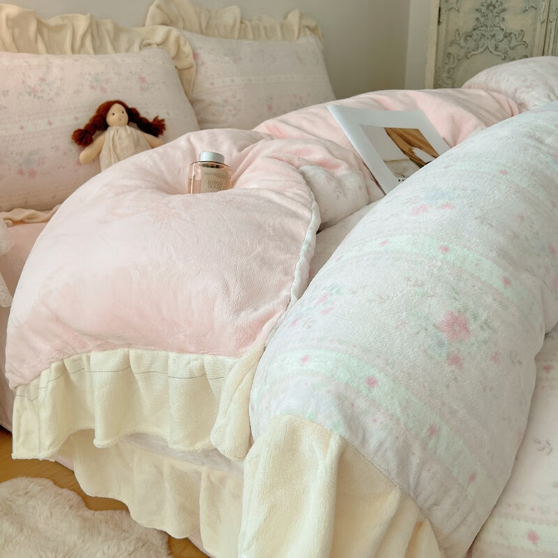 苏萱法式牛奶绒花边床上四件套加厚公主风珊瑚绒面床单人被套罩三件套 馥郁粉 1.8m 床单款 四件套-被套200x230cm
