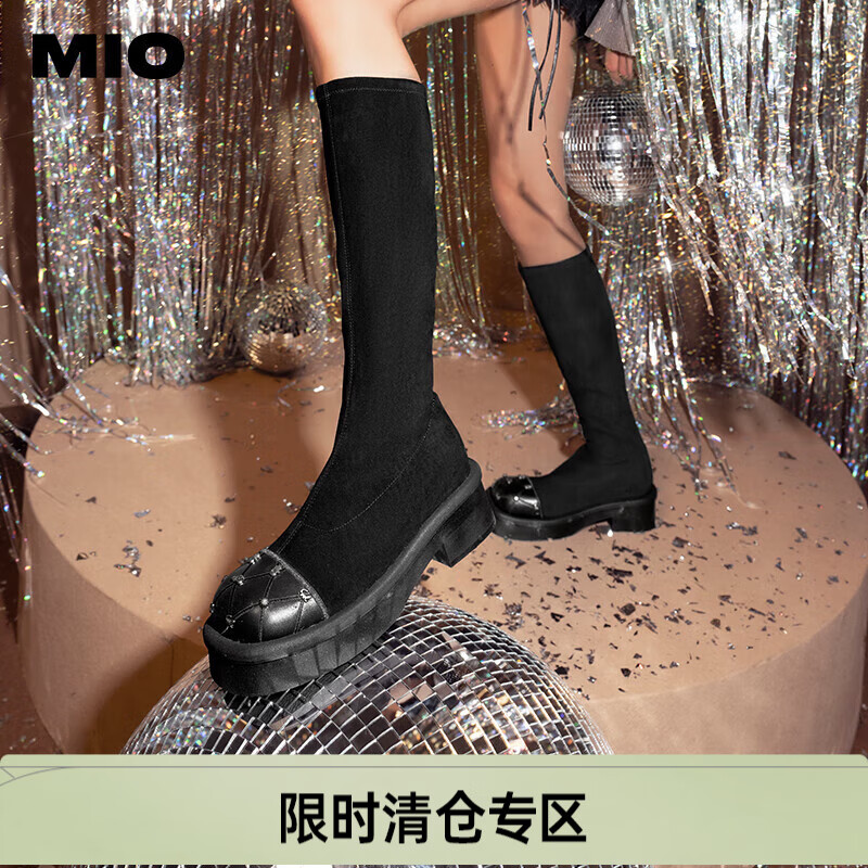 MIO【清仓】米奥冬季圆头中跟新款长筒靴酷飒显瘦舒适弹力靴袜靴 黑色 34