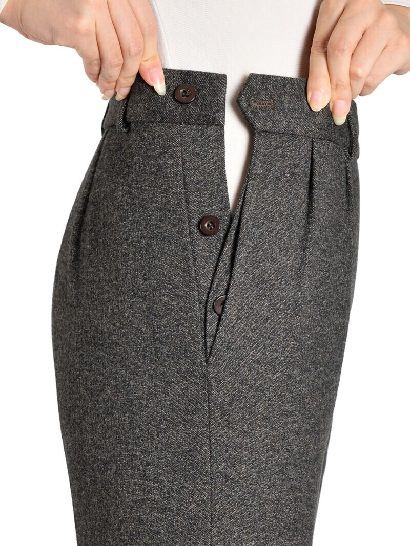 伊玟格格秋冬款旁开扣女裤弹力妈妈锥形裤高腰中年女西裤休闲百搭毛呢长裤 深棕色 旁开扣秋冬款 5XL 2尺9腰围 35码 160斤以下穿