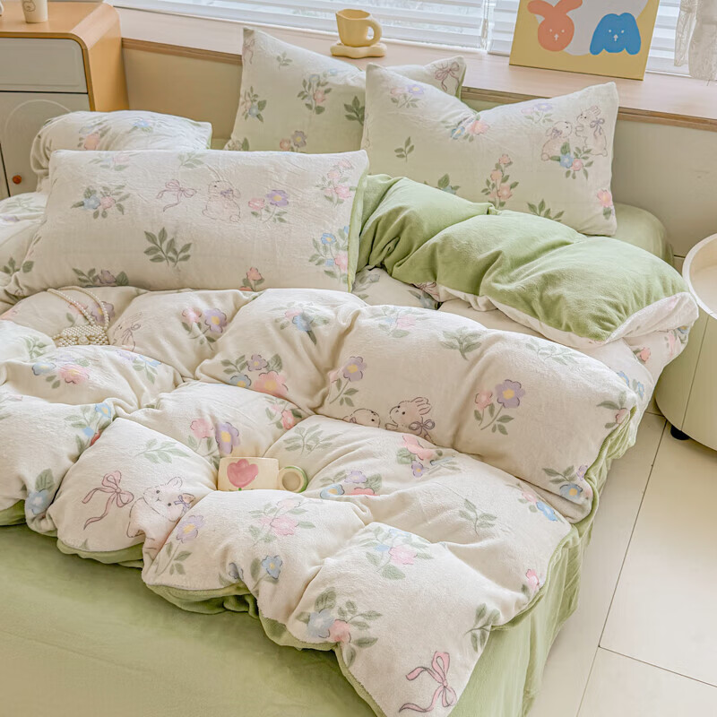 软贝小清新牛奶绒床上四件套保暖毛绒床单被套学生宿舍秋冬款三件套 绿意盎然 床单款 1.2m  被套150*200cm 三件套