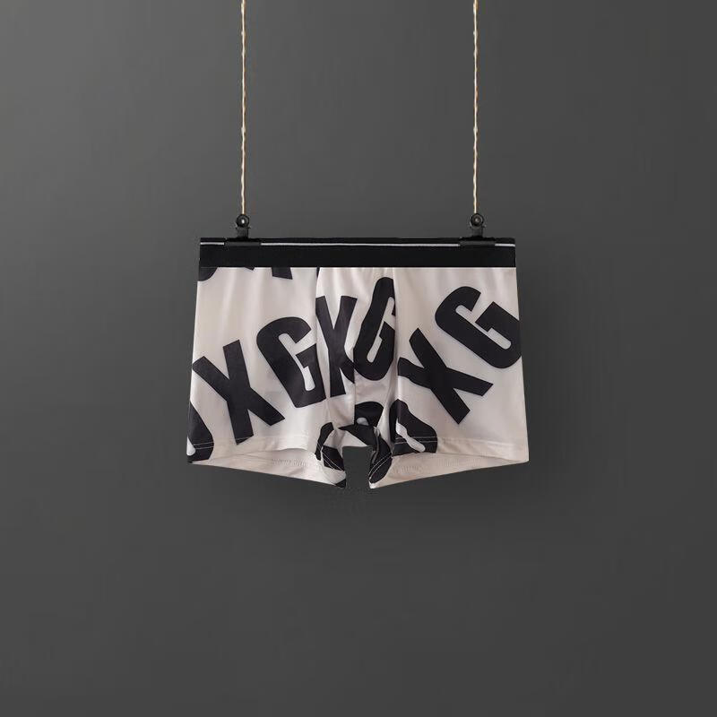 夏季无痕冰丝内裤男青少年印花性感薄裤头平角裤大码男士内裤 白色 1条 L码（80-100斤